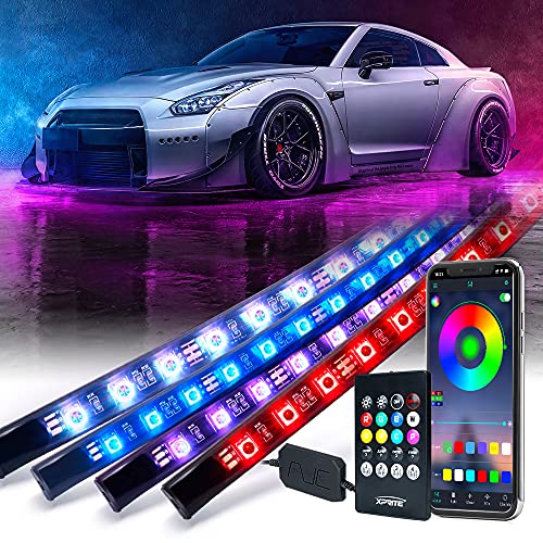 Xprite 4Pcs Underglow LED Lights for Cars, 8 Color RGB 252 LEDs Sound Active Function Music Mode Underglow Kit, Bluetooth APP & Remote Control, Waterproof Underbody Neon Strip Light for Car SUV Truck by Xprite - Used condition - US$28.12
