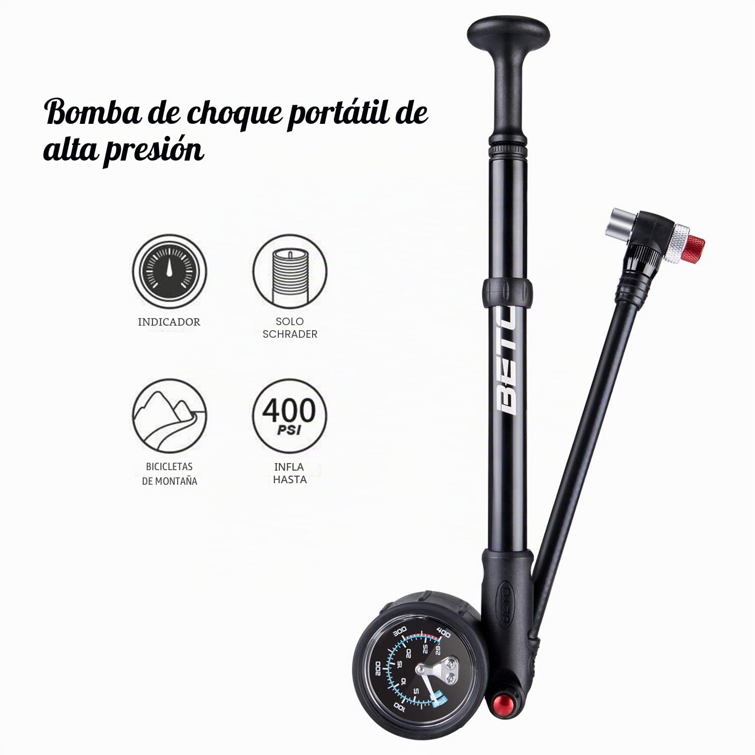 BETO Bomba de Choque de Alta presión – (400 PSI máx.) Bomba de Choque para Bicicleta MTB para Horquilla y suspensión Trasera con válvula Schrader sin pérdida
