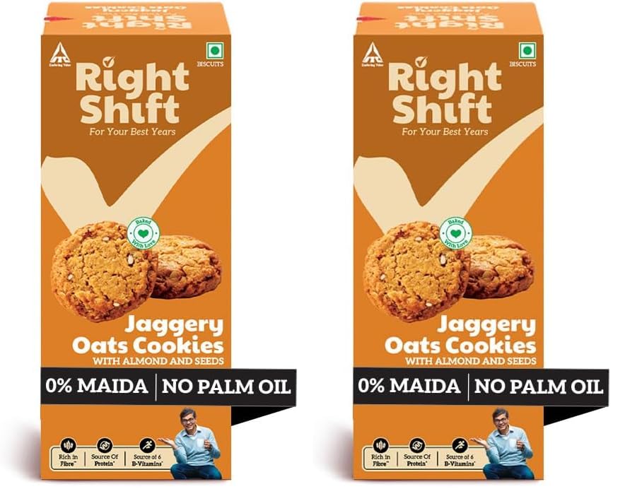 Image of Right Shift Jaggery Oats Cookies, 300g| No Palm oil, High Fibre Digestive| 3X Oats| 0% Maida, Refined Sugar| With Nuts & Seeds| Anytime Snack (Pack of 2)