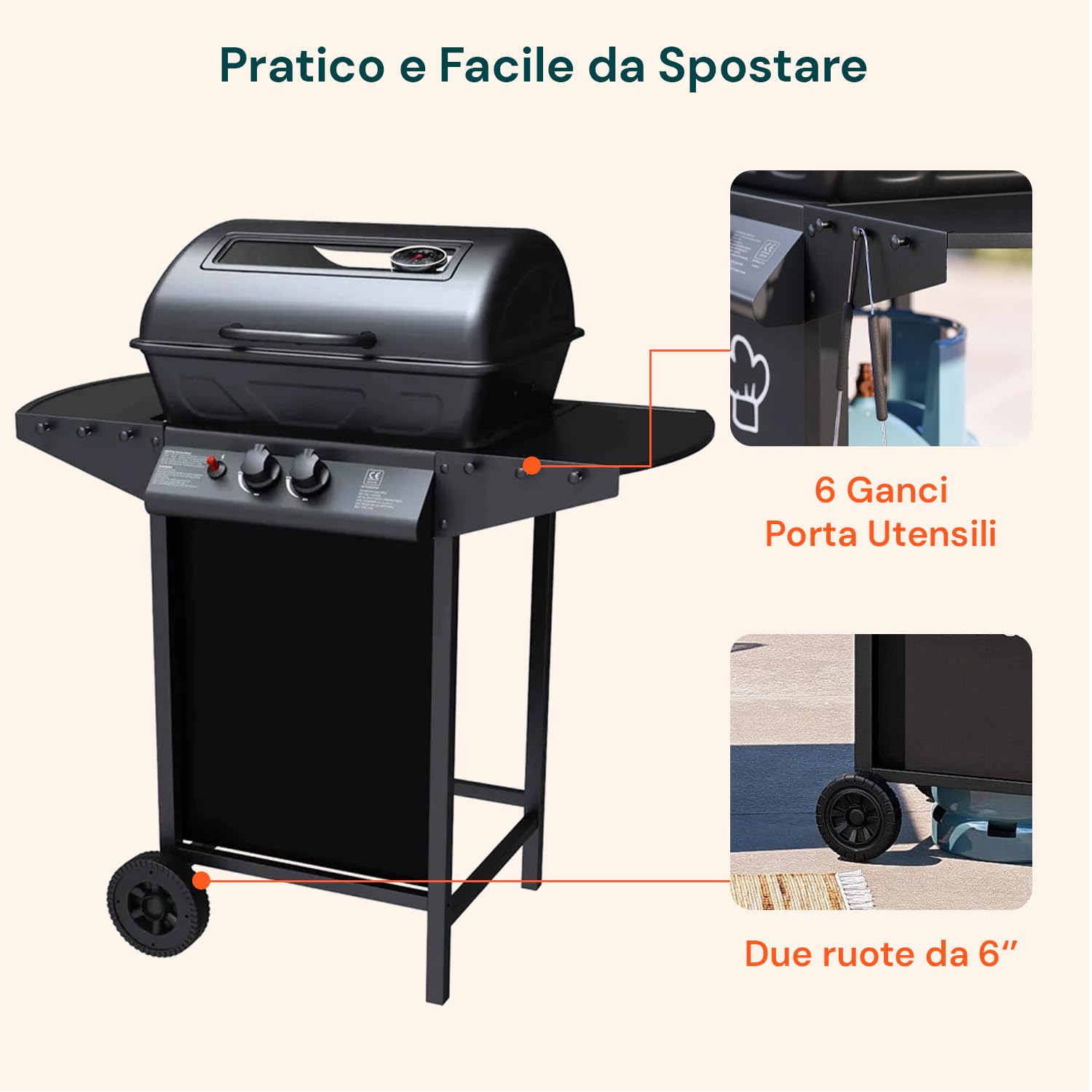 Avilia John 2-palnikowy grill gazowy – grill na zewnątrz ze stali matowej, z grillem nierdzewnym, termometrem, okapem, kołami i zapłonem piezoelektrycznym, kompaktowym grillem gazowym na zewnątrz