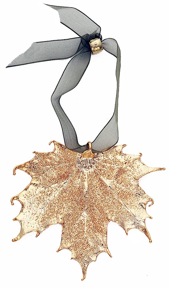 Ornament, Maple Leaf, 24K Gold Dipped, 2.5 Inches in Length or Width, Assorted Adjustable Ribbon Tie, Real Leaves