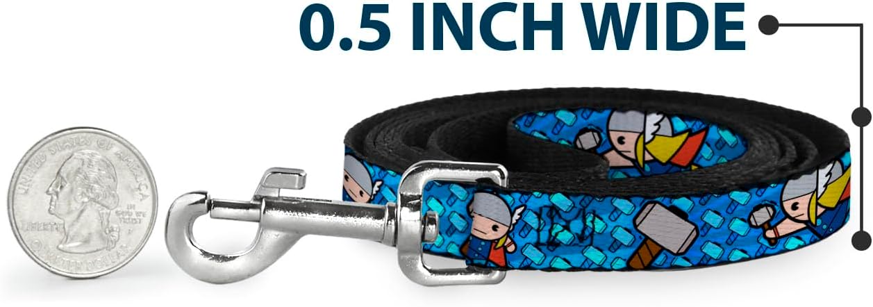 Buckle-Down Dog Leash Kawaii Thor Poses Hammer Monogram Blues 6 Feet Long 1.0 Inch Wide, Multicolor (DL-6FT-WTH014)