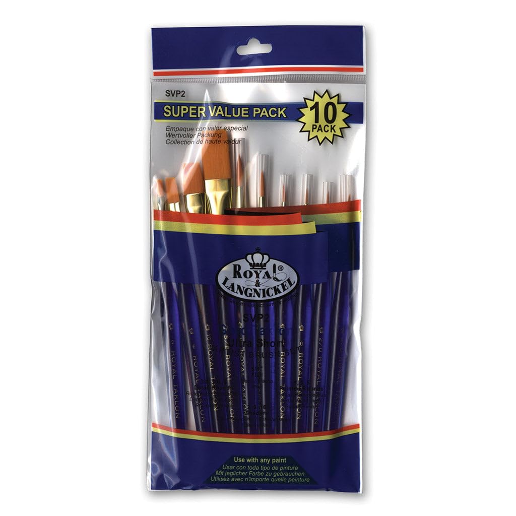 Royal and Langnickel Super Value Brush Set. Ultra Short. Golden Taklon - Flat 5/8", Detail Rounds 3/0, 2/0, Pointed Rounds 1, 3, 5, Shaders 2, 6, 10. Pack of 10