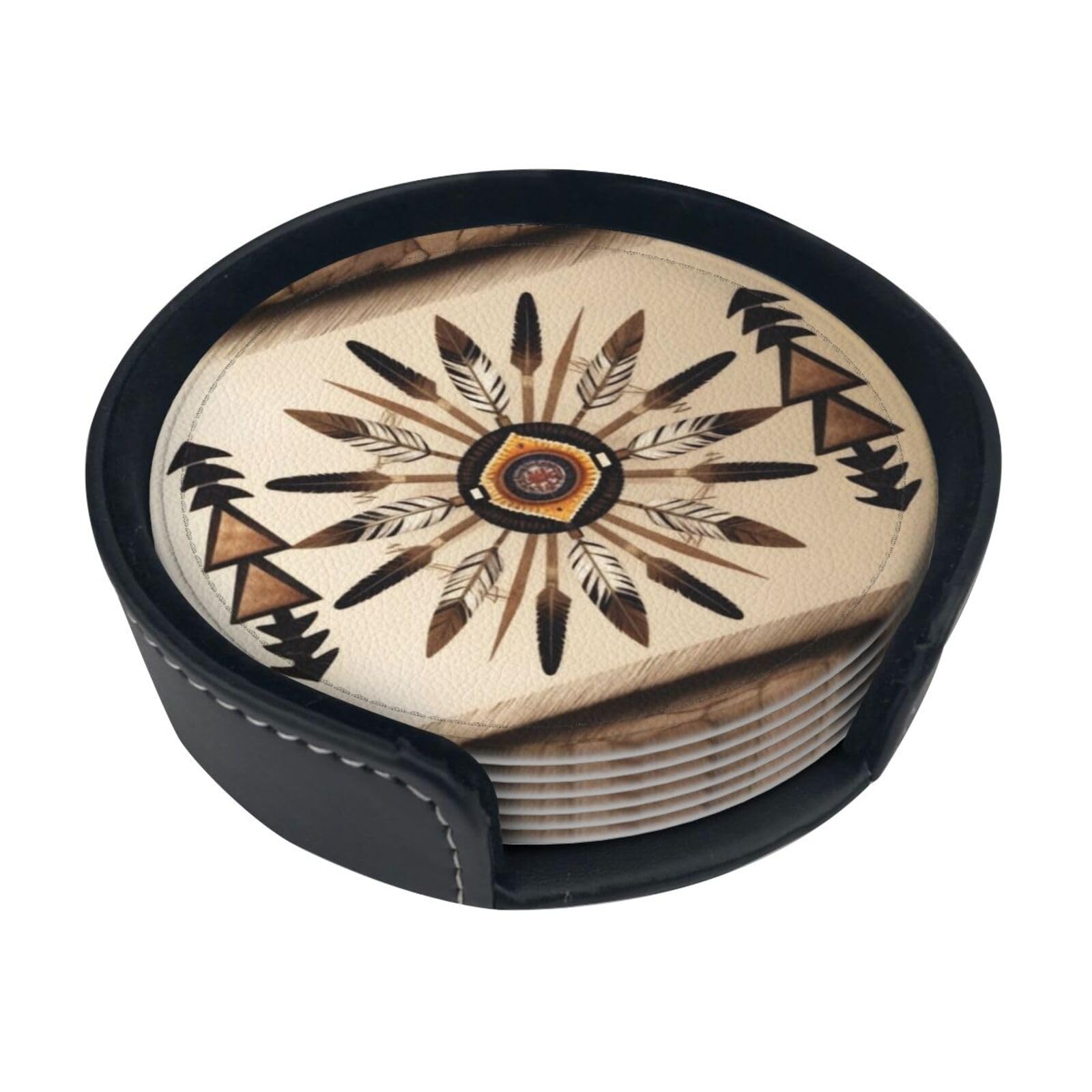 Cntdbu White Native American Patterns Leather Coasters Set Of 6-Pu Leather Drink Mats For Table, Heat Resistant Round Coasters With Holder