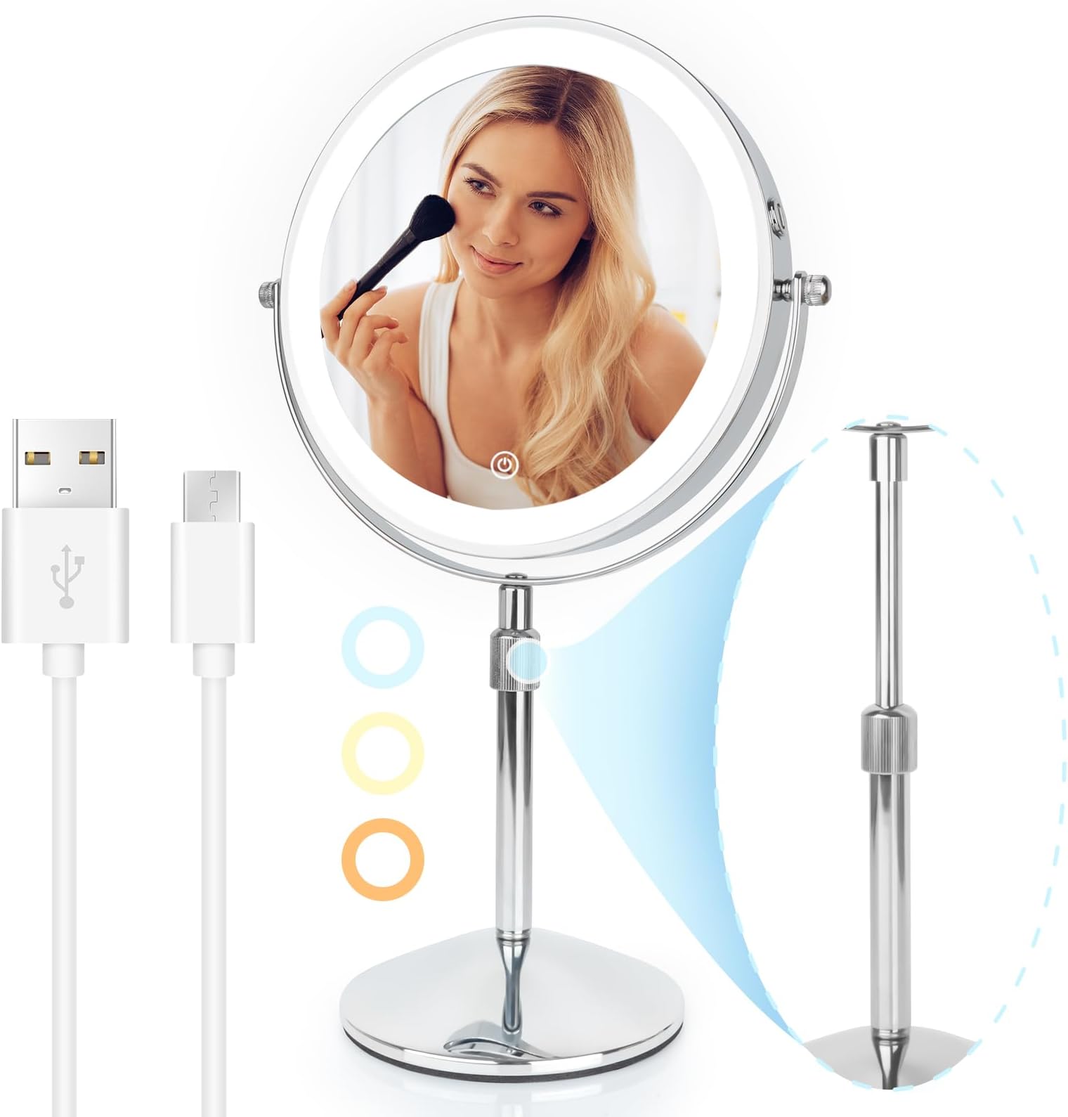 8" Makeup Mirror with Lights, Rechargeable 1x/10x LED Lighted Magnifying Mirror with 3 Colors, 360° Rotation Rechargeable Double Sided Mirror, Touch Dimming, Adjustable Height