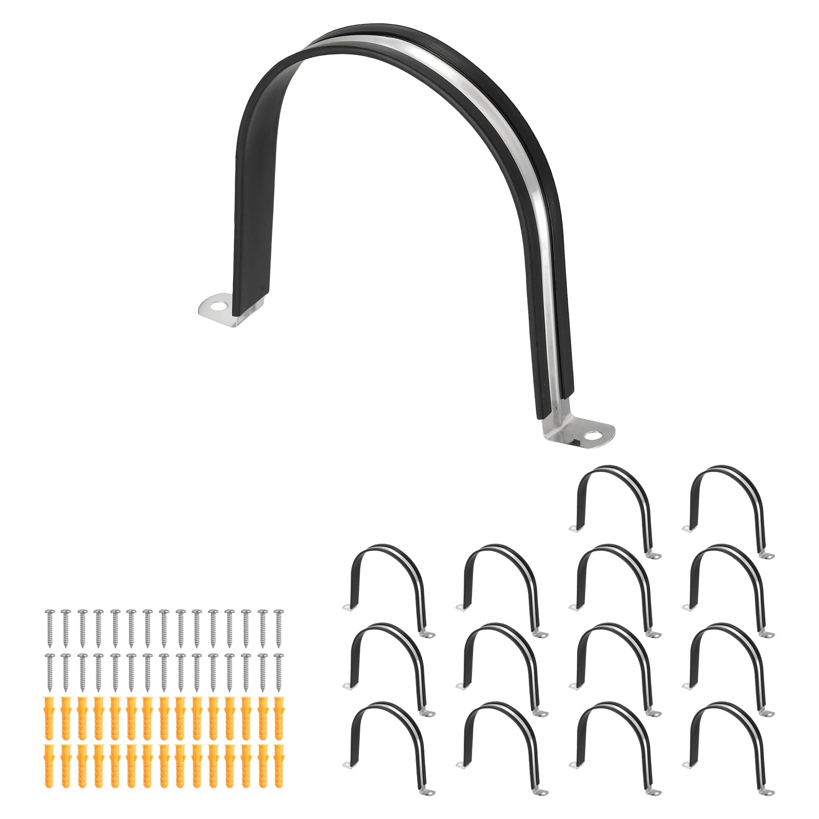 sourcing map 15 Pcs Pipe Strap Clamp, 130mm(5.12") Rubber Cable Clamp Rubber Cushioned 304 Stainless Steel U Bracket Tube Holder Support with Screws for Water Pipe HVAC Cable Management