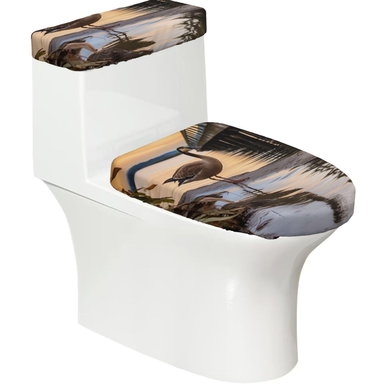 Fodpand Black Wild Goose By The Bridge Toilet Lid Cover And Toilet Tank Cover Set, Washable Soft Toilet Seat Cover With Elastic Bottom, Universal Stylish Toilet Cover Set For Bathroom Decor Accessories