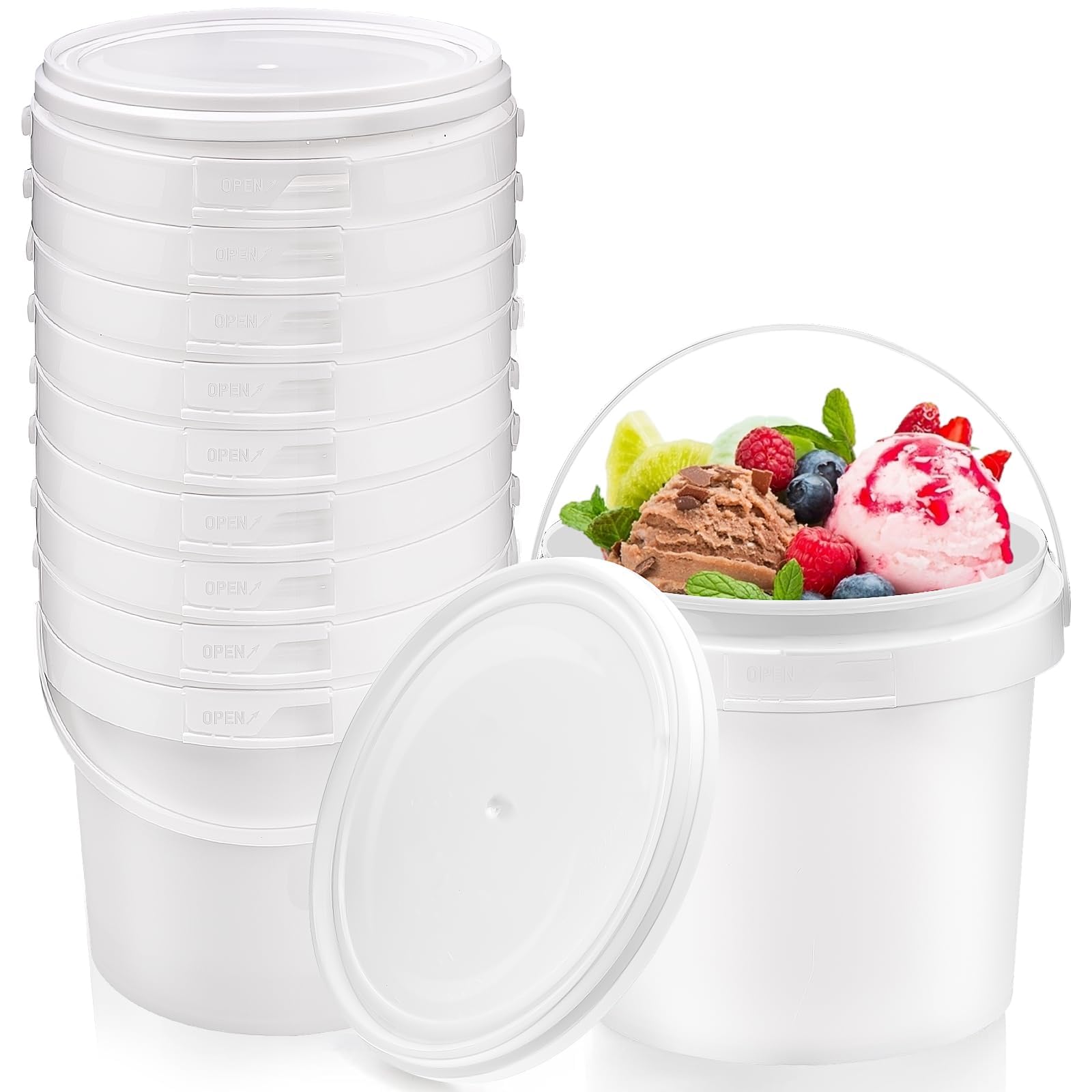 10 Pack 2L Plastic Ice Cream Bucket with Lids, Food Storage Containers with Handle for Party, White Cocktail Rum Bucket for Drinks Freezer Safe Ice Cream Tubs for Deli Soup Meal Flour