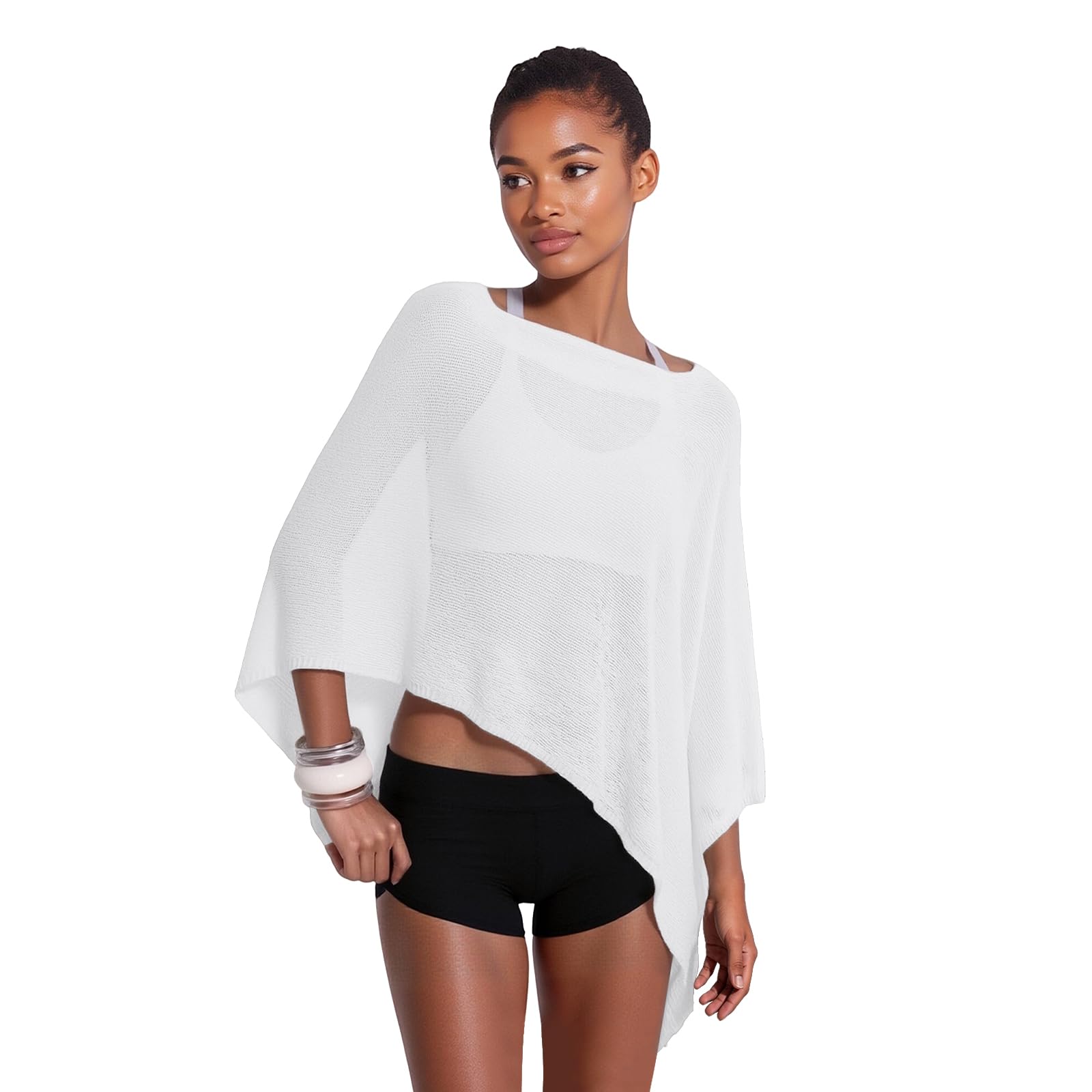Women Sheer Poncho Top, Knit Crochet Bolero Mesh Shawl, Lightweight See Through Summer Shrug Beach Cover Up Y2K Style White