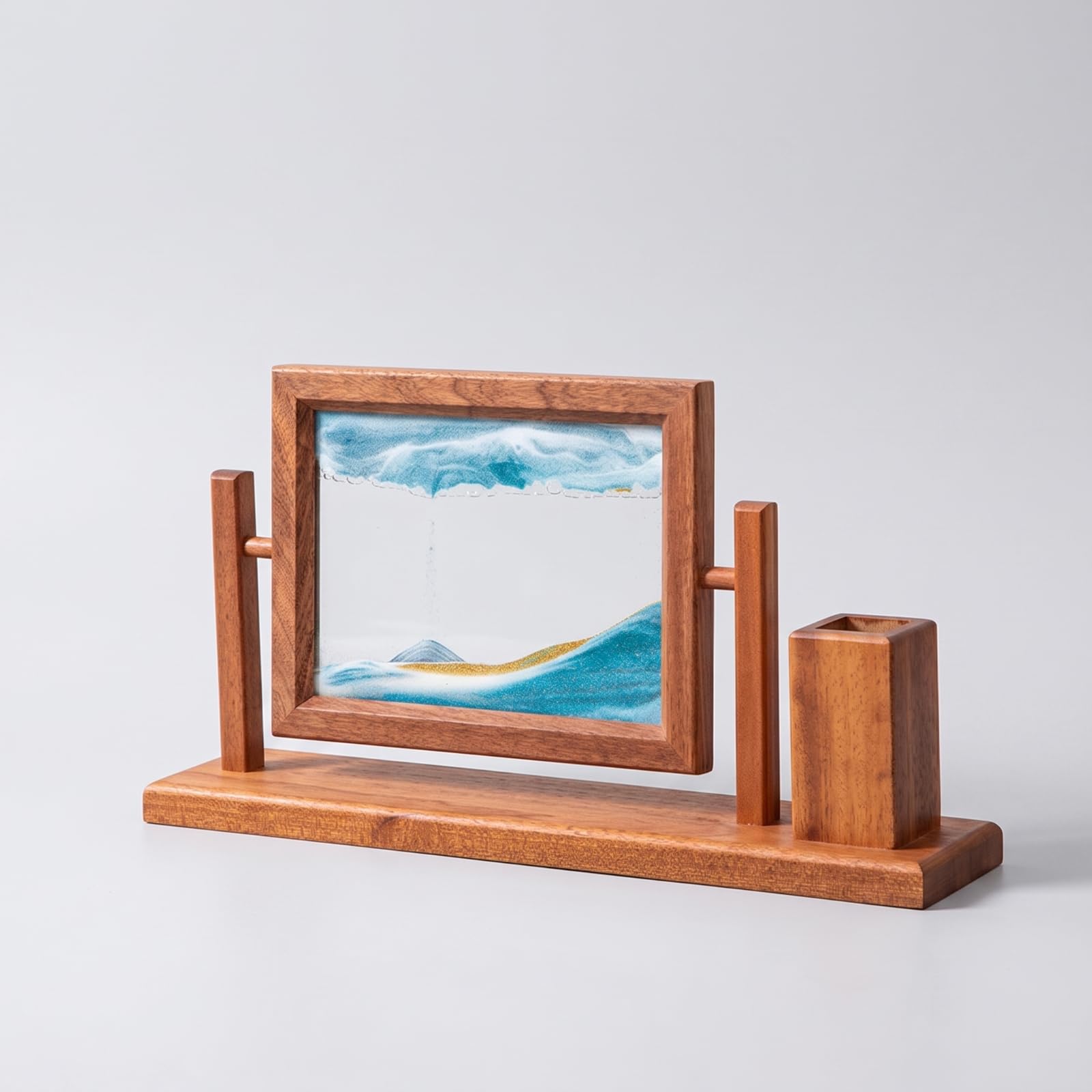 Sandbild mit Stifthalter beruhigend drehbarer Bilderrahmen mit Stiftebecher beweglich drehbares Sandbild für Büroangestellte, Arbeitszimmer, Schwarz, Sand, Tuschelandschaft