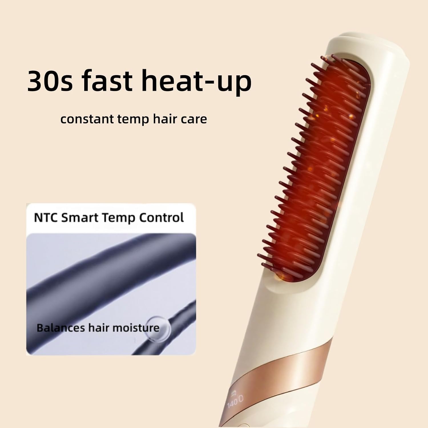 Go Brush Pro Cordless Hair Straightener Brush, 3 Heat Settings Portable Heated Hair Brush with Cold Air for Home Travel Hair Styling (Beige)