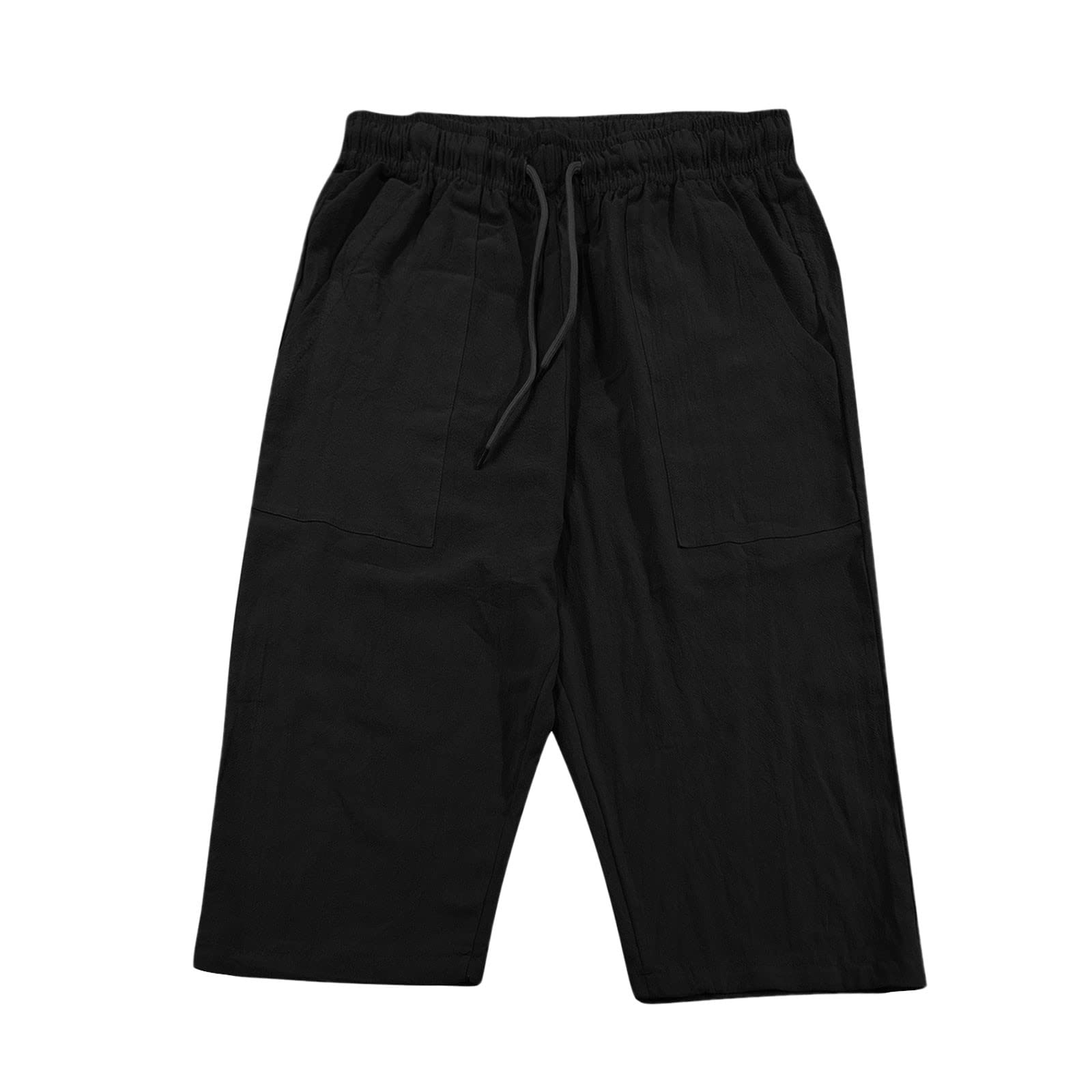 Pantalon 3/4 Homme Coton Lin, Pantacourt Homme été Leger Taille éLastique Couleur Unie Chic Pantalon de Plage avec Cordon de Serrage et Poches Short et Bermuda Casual Yoga