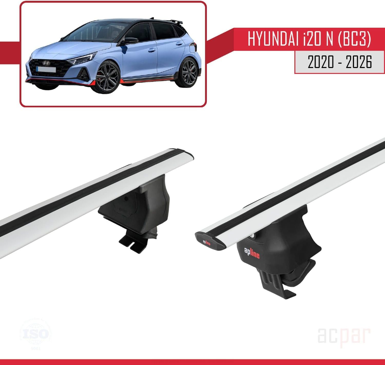 Compatible with Hyundai i20 III (BC3) N 2020-2025 ACE-4 Car Roof Rack Cross Bar Grey Aluminium 2 Bars