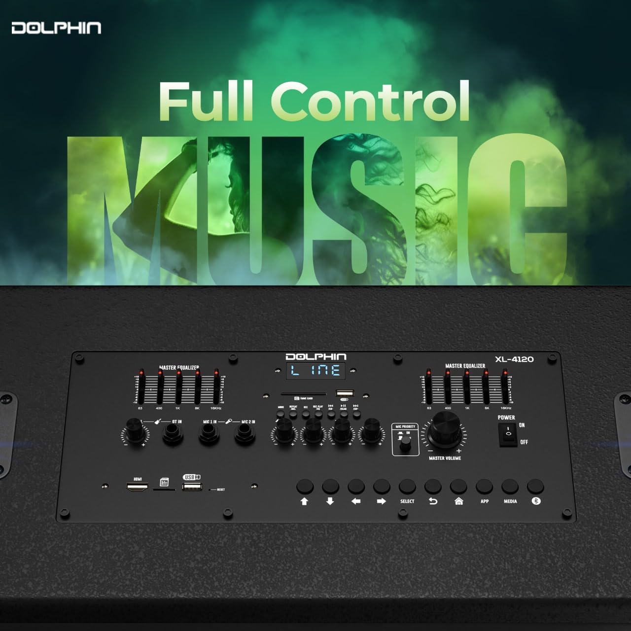 Control panel of Dolphin KaraokeBox 4120 with EQ sliders