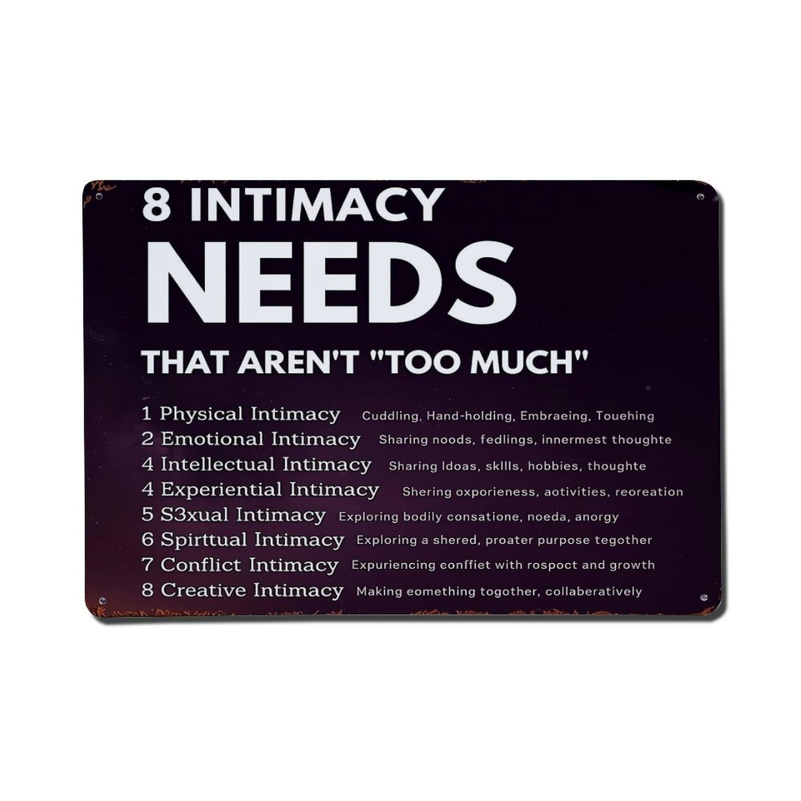 Nestemfo Vintage Eight Intimacy Needs List Tin Sign Metal Sign, Living Room,Bar, Home, Bedroom Wall Decor,Retro Metal Poster 8X12 Inches