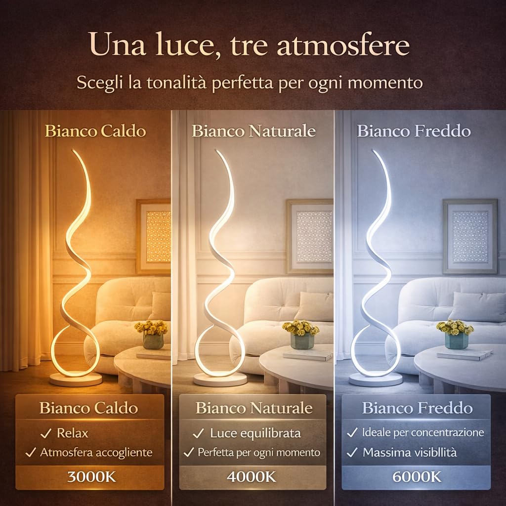 Arcadia Lampada da Terra LED Moderna a Spirale | Piantana Design Contemporaneo | Luce Calda/Fredda | Lampada Salotto Camera da Letto Studio, Arredo Interni Elegante 120 cm (Nero)