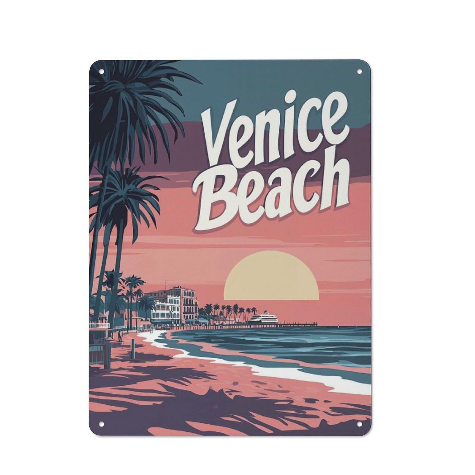 Junmoney Venice Beach Sunset Vintage Decorative Metal Plaque 40X30cm, Garden Room Wall Plaque For Shed, Garden Room, Porch Or Garage