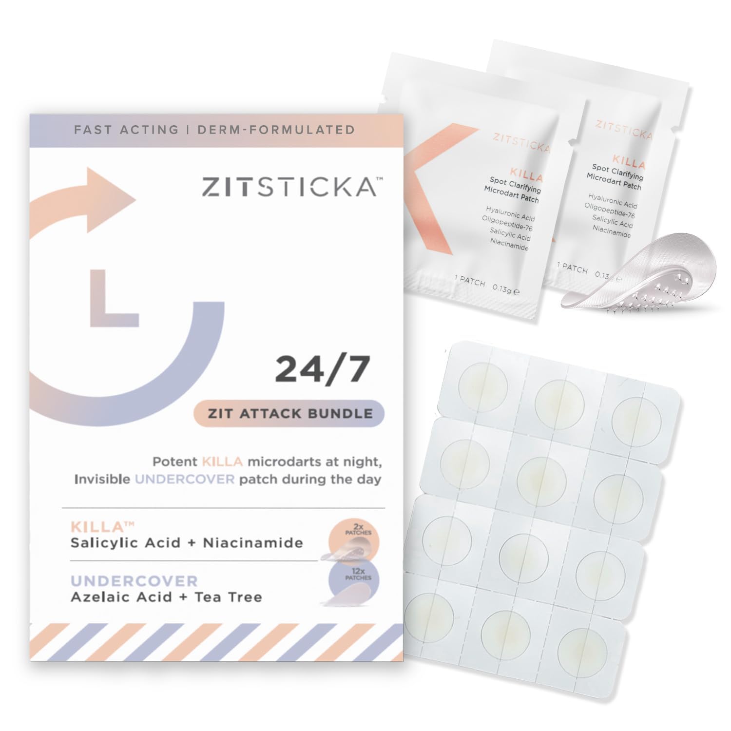 ZitSticka Invisible Pimple Patches for Face, Hydrocolloid Patches, Ultra-Thin Clear Azelaic Acid & CICA Blemish Patches, Pimple Stickers (24/7 Attack Bundle 14 Pack)