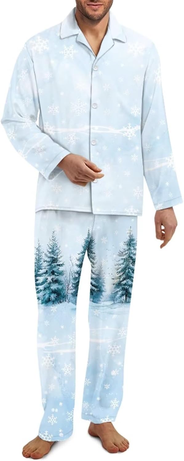 AmzPrint Snowflake Reindeer Print Black Pajamas Men Long Sleeve Fall Novelty Big And Tall Christmas Pajamas For Men