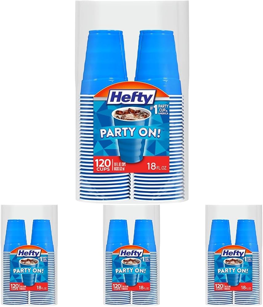 Hefty Party On Disposable Plastic Cups, Marine Blue, 18 Ounce, 120 Count