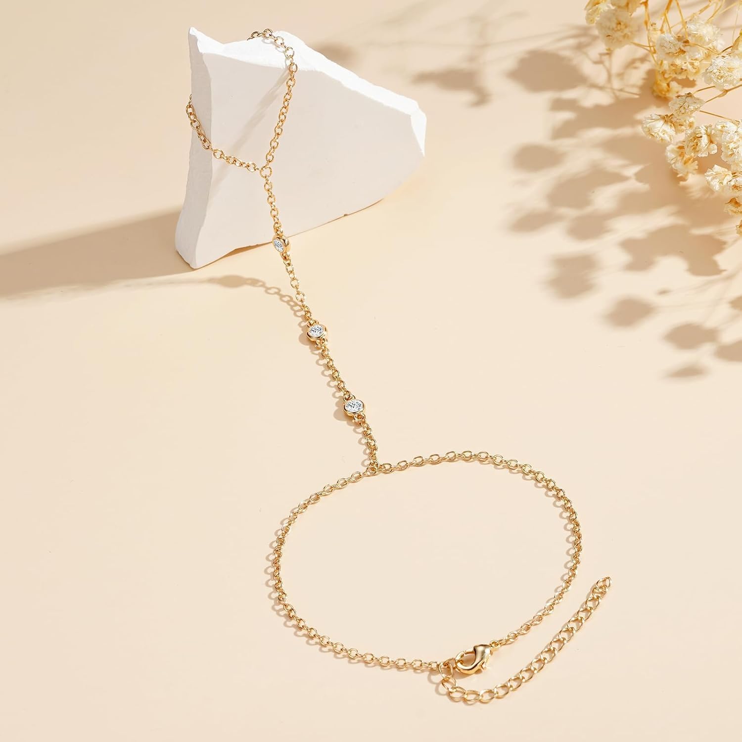 Dainty Gold Hand Chain Bracelet for Women - Trendy 14K Gold Plated Finger Ring with Sparkling 4mm Cubic Zirconia, Adjustable Hand Cuff Fashion Minimalist Layered Jewelry Gift for Her