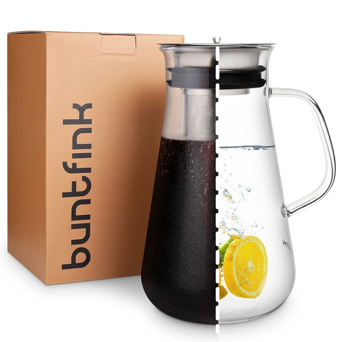 buntfink MultiPitcher zaparzacz do kawy 3 w 1 do Cold Brew Coffee | szklana karafka 1,5 l | karafka na wodę z pokrywką ze stali nierdzewnej | zaparzacz do kawy na zimno i herbaty | bez plastiku