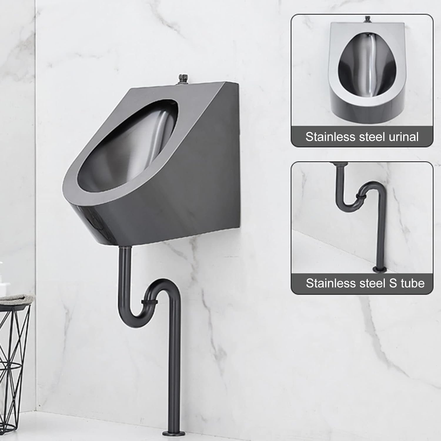 Wall Mounted Automatic Sensor Urinal, 304 Stainless Steel Urinal Bathroom Fixtures, Washout High-Efficiency Urinal, for Home/Hotel/Bar/Airport(Ground Drainage,Set 1)
