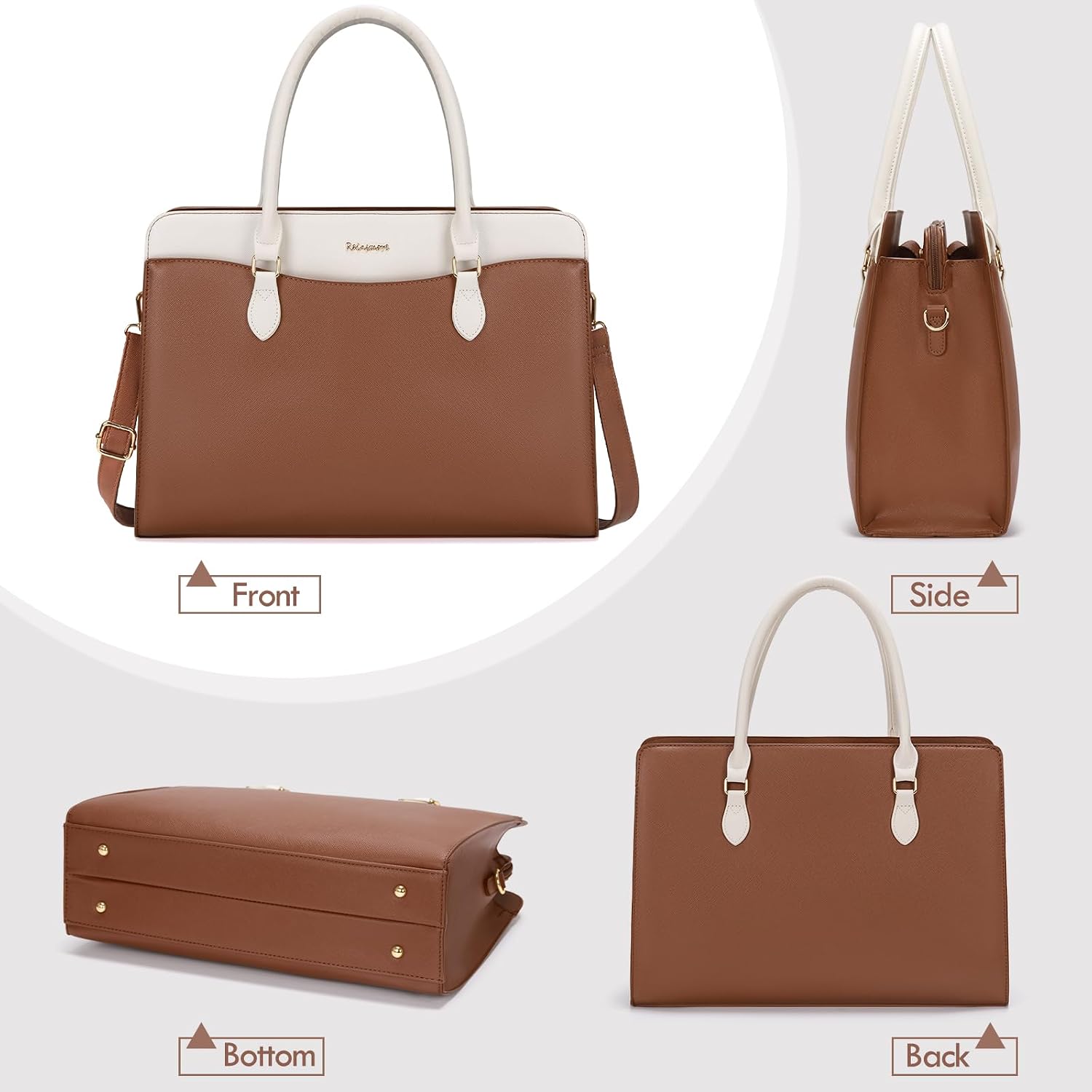 RAINSMORE Laptop Bag for Women 15.6 Inch Waterproof PU Leather Work Tote Bags Large Laptop Purse for Women Professional Womens Briefcase Computer Bags for Business Office Teacher, Brown & White
