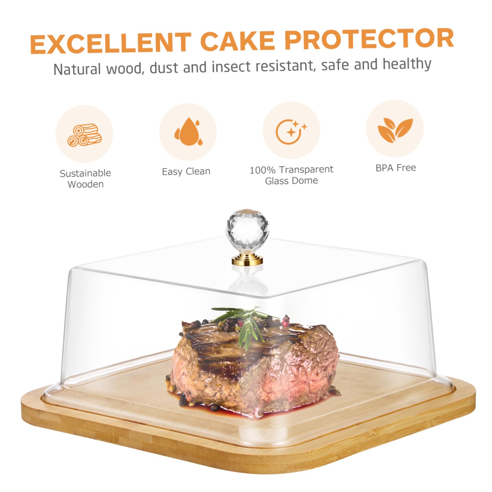 DECHOUS Soporte para Pasteles con Cúpula de Acrílico Transparente y Base de Madera, Adecuado para Pan y Postres en Pastelería