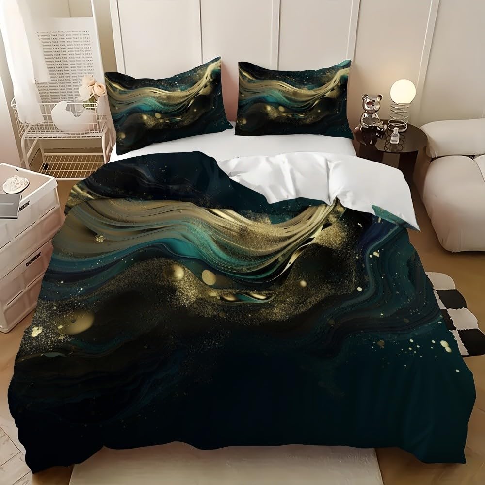 3-częściowy komplet pościeli 240 x 220 cm, abstrakcyjna sztuka, miękka poszewka na kołdrę z mikrofibry dla dorosłych i dzieci, zielona poszewka na kołdrę i 2 poszewki na poduszkę 80 x 80 cm, na łóżko