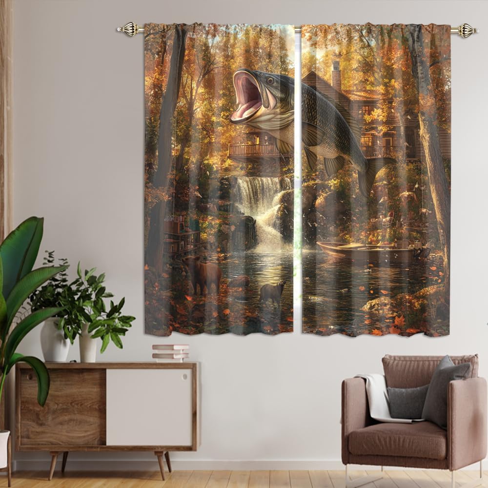 Watercolor Rustic Cabin Animal Cow Blackout Curtains Watercolor Autumn Forest Hunting Theme Fishing Waterfalls Thermal Insulated Curtains for Living Room Bedroom 2 Panels 54" L x 21" W