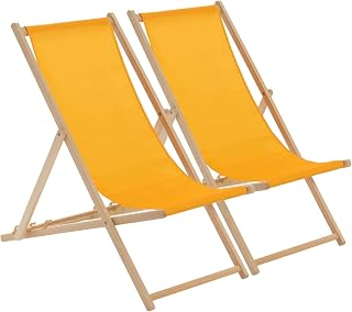 Harbour Housewares 2x Mustard Yellow Wooden Deck Chair Traditional FSC Wood Folding Adjustable Garden/Beach Sun Lounger Recliner