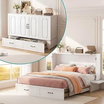 BALUS Queen Murphy Bed, Cabinet Bed with USB Charging Ports & Storage Drawers, Space-Saving Cube Murphy Chest Beds, Hidden Guest Room Beds for Bedroom, Office - White