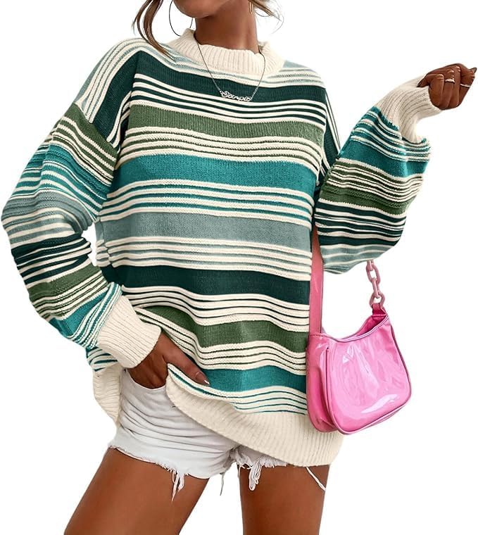Womens Contrast Striped Pullover Sweaters Crewneck Long Sleeve Loose Colorblock Knit Jumper Casual Oversized Fall Tops