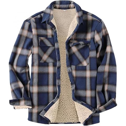WUAI-Men Casual Sherpa Fleece Lined Plaid Flannel Shirts Jackets Heavyweight Thermal Button Up Winter Work Coat Outwear(Navy,X-Large) Cover