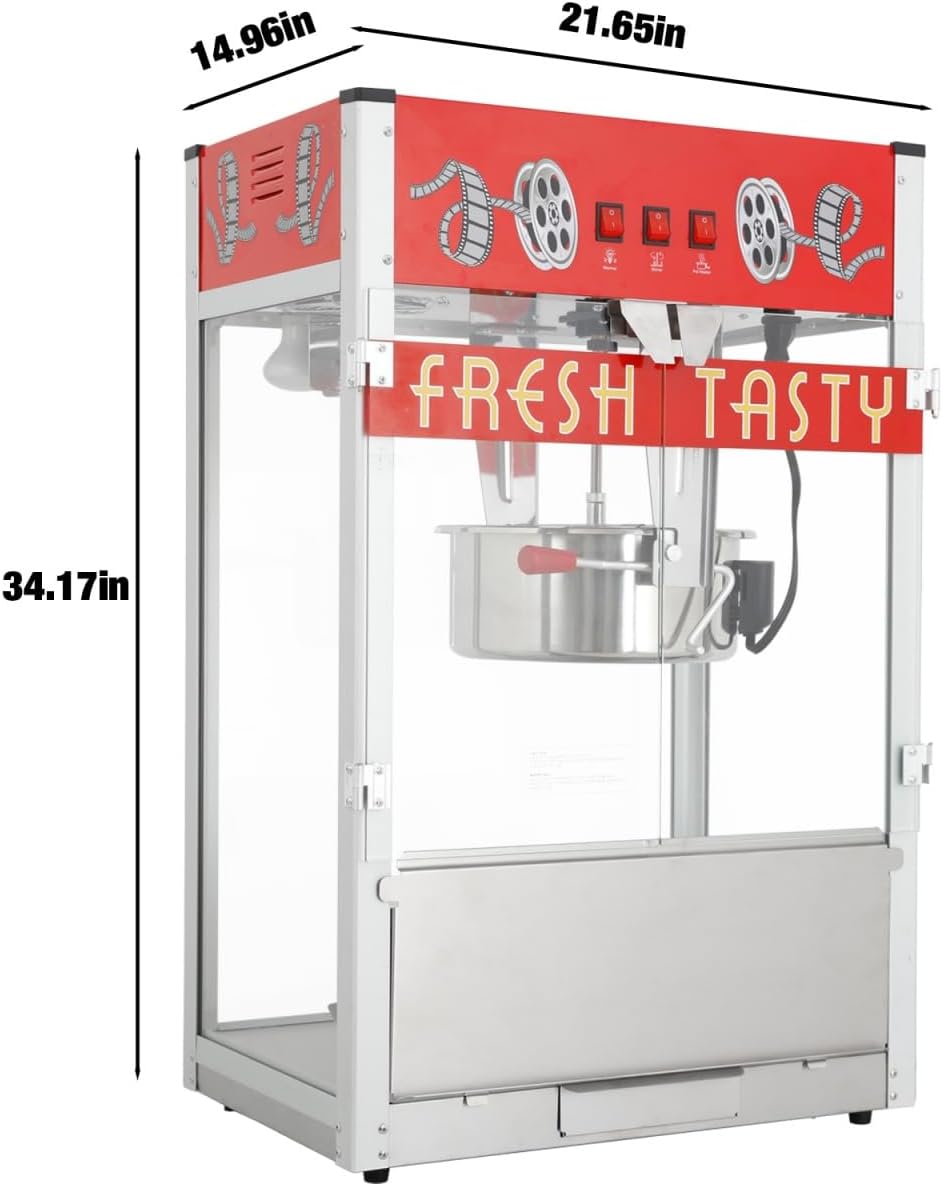 30Oz Commercial Popcorn Machine, Red Popcorn Machine, 21.65"W×14.76"D×34.25"H Tabletop Movie Theater Popper with 1600W Stainless Steel Kettle, 3-Switch Control for Home/Theater/Parties