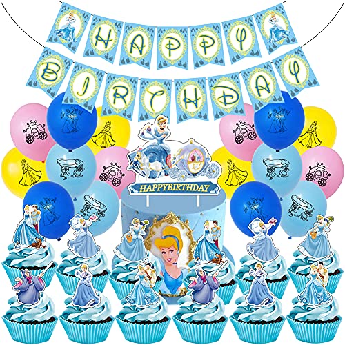 Cinderella Set de Fiesta de Cumpleaños, FANDE 42 Pcs Suministros de Globos de Fiesta de Princess, Decoración para tartas con diseño de Cinderella, para Favores Regalo Carnaval Boda Cover
