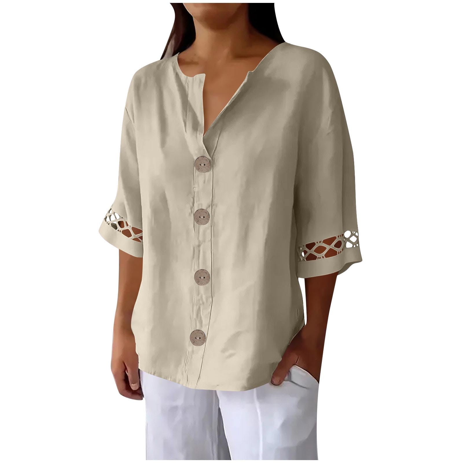 Chemise Lin Femme Été Ample Large Col V à Manches 7/8 avec Boutons Hauts Tee Shirt Grande Taille Couleur Unie Haut Polyvalents Manche Longue T-Shirt Chic et Elégant Printemps et d'été Mode