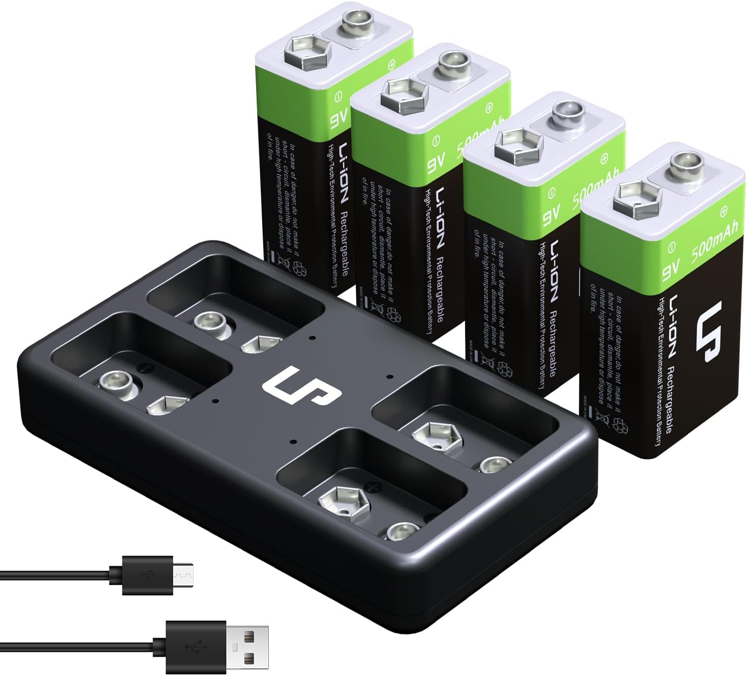 LP 9V Rechargeable Lithium Batteries, 4 Pack 500mAh 9V Battery with Micro USB Charging Station, 9 Volt Long Lasting Rechargeable Battery for Smoke Detector, Electronics & Audio and More
