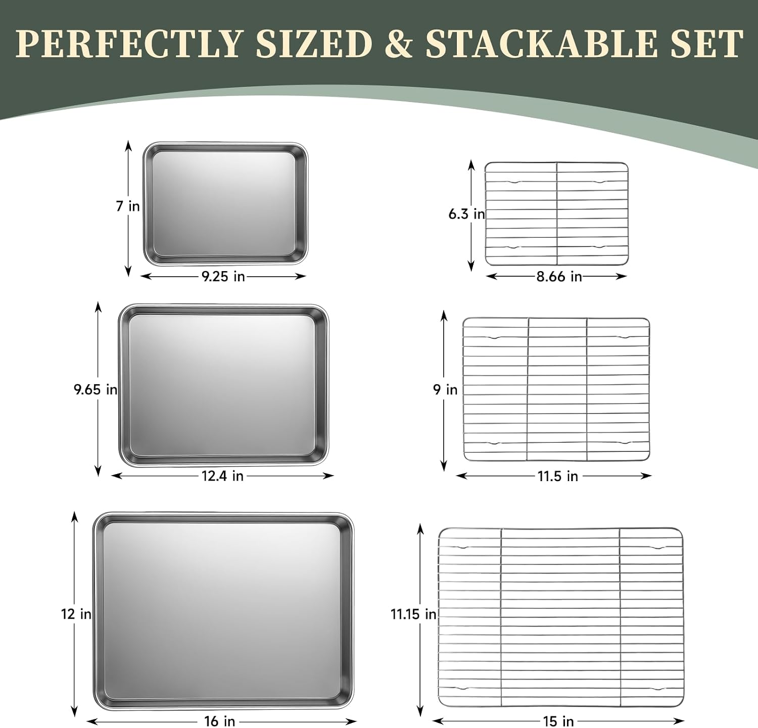 Baking Sheet with Rack Set (3 Pans + 3 Racks), 9/12/16 Inch Stainless Steel Cookie Sheet Baking Pan Tray with Cooling Rack, Jelly Roll Pan with Wire Rack, Warp Resistant & Heavy Duty & Rust Proof