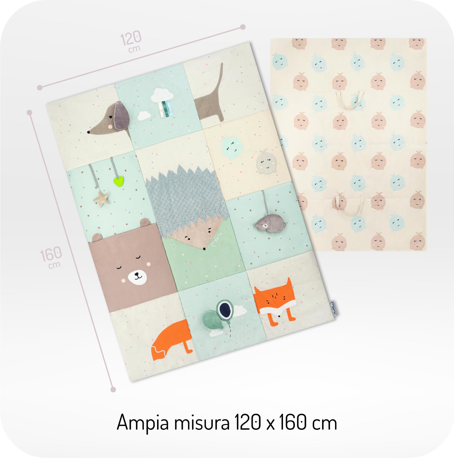 Momi VOLPI Palestrina sensoriale per neonati e bambini piccoli 120 x 160 cm, tappetino da gioco e coperta per gattonare per bambine e bambini, pieghevole a forma di borsa con maniglie per il trasporto