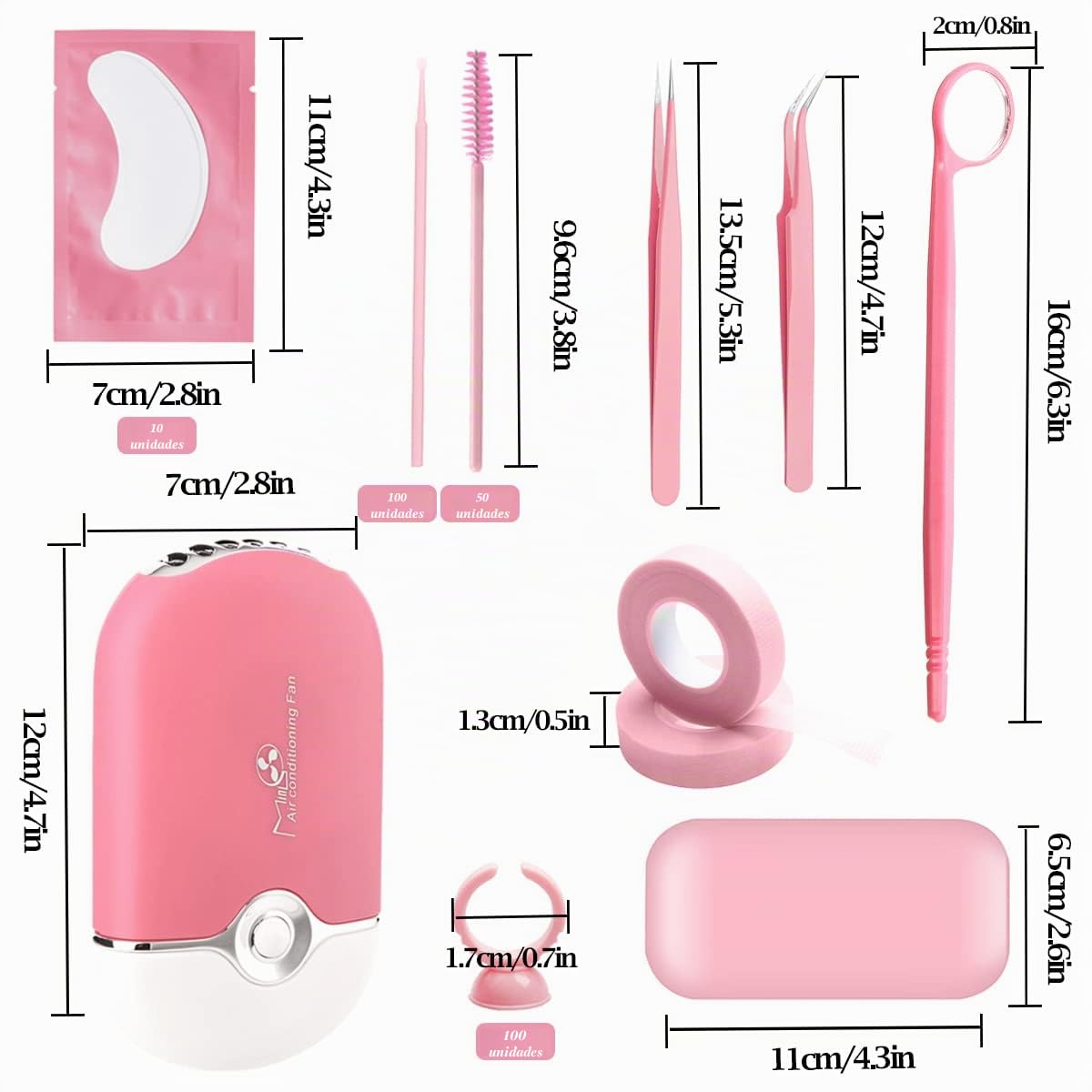 Kit de Extensión de Pestañas USB Ventilador de Aire Acondicionado Cepillos de Pestañas Micro Aplicadores Soporte de Pegamento Espejo Parches para Pestañas Cinta Almohadillas de Silicona Pinzas