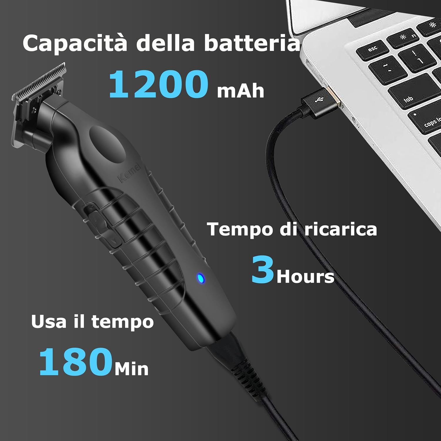 Tagliacapelli Professionale Multifunzionale, Batteria 1200mAh, 180 Minuti di Autonomia, Lama T Zero Gap, Ricarica USB, Nero