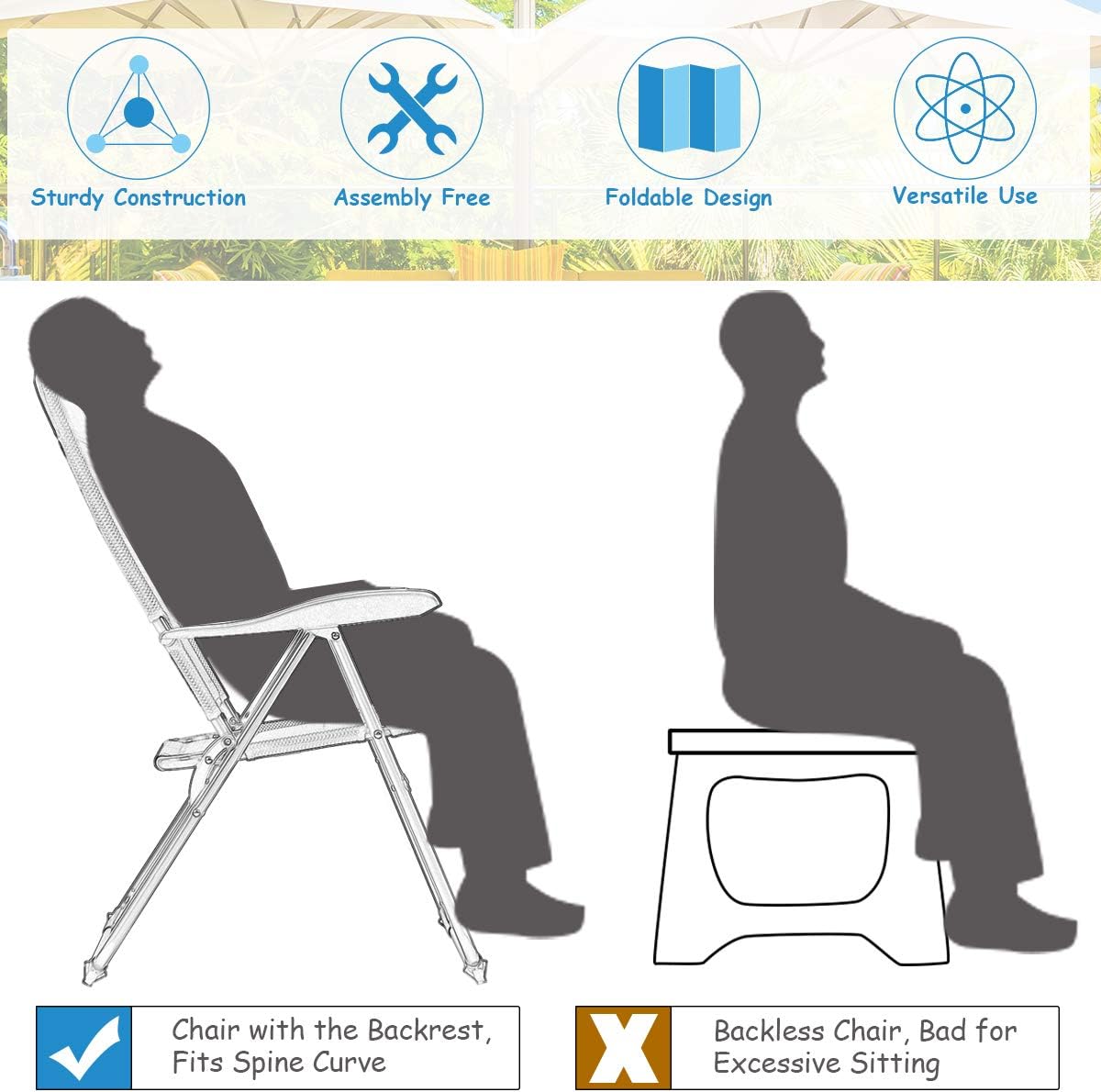 Giantex Set of 4 Patio Chairs, Folding Chairs with Adjustable Backrest, Outdoor Sling Chairs for Bistro, Deck, Backyard, Armchair with Padded Seat, 300 lbs Capacity (4, Black)