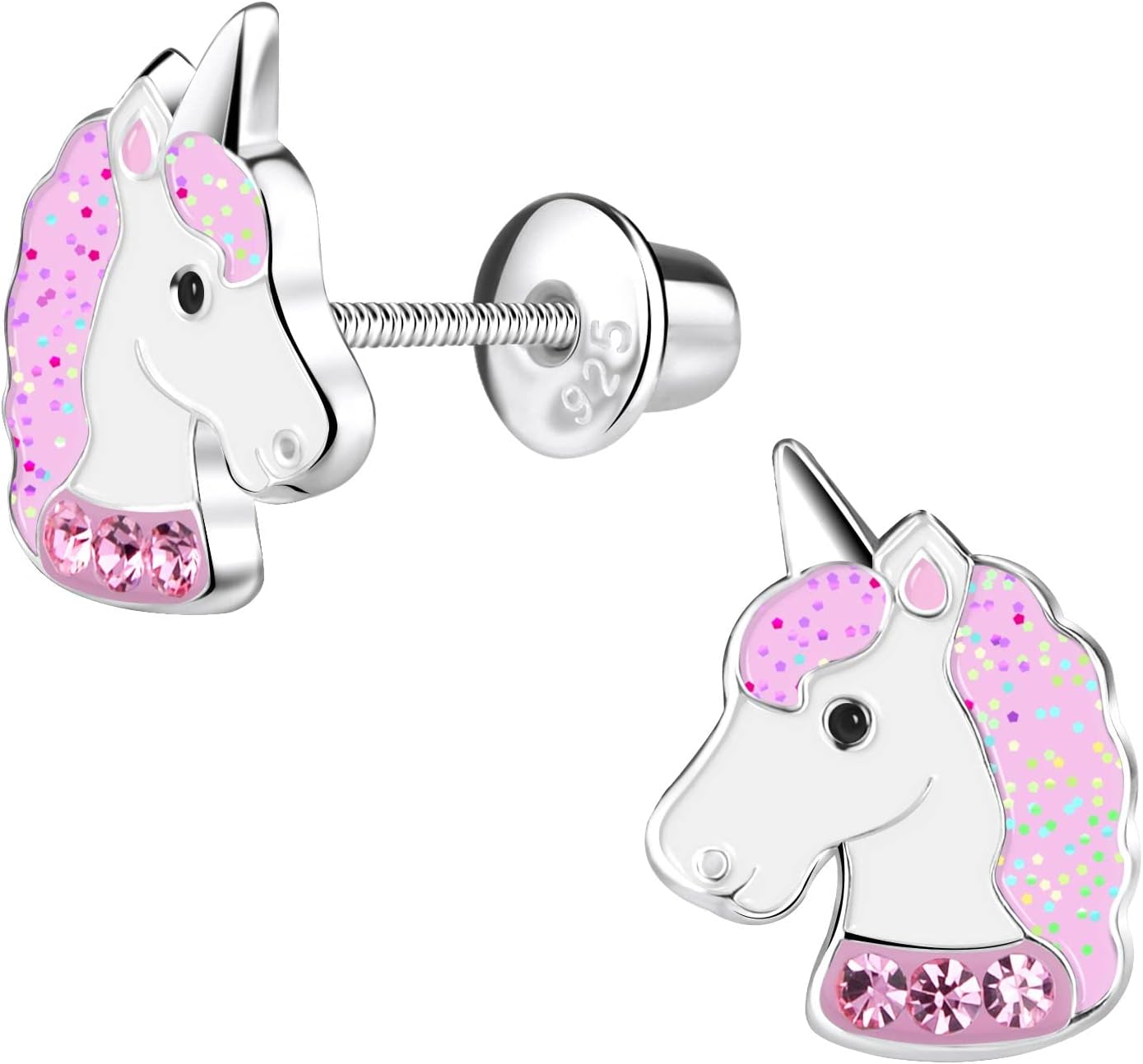 Penny & Piper Toddler Screwback Earrings Hypoallergenic for Ages +3 - Sterling Silver Earrings for Little Girls & Kids Stud Earrings - (Unicorn Glitter with Gem, 1 Pair)