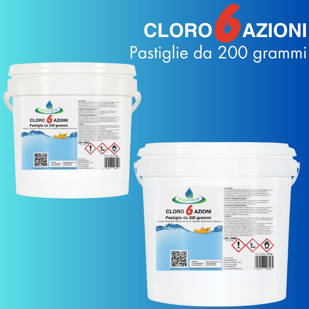 acquaverde | Cloro 6 AZIONI in Pastiglie da 200 grammi, 5 kg di NUOVO Multiazione per Piscina, Trattamento acqua: Clorazione, Alghicida, Flocculante, Stabilizzante del Ph, Antischiuma, Antimicotico