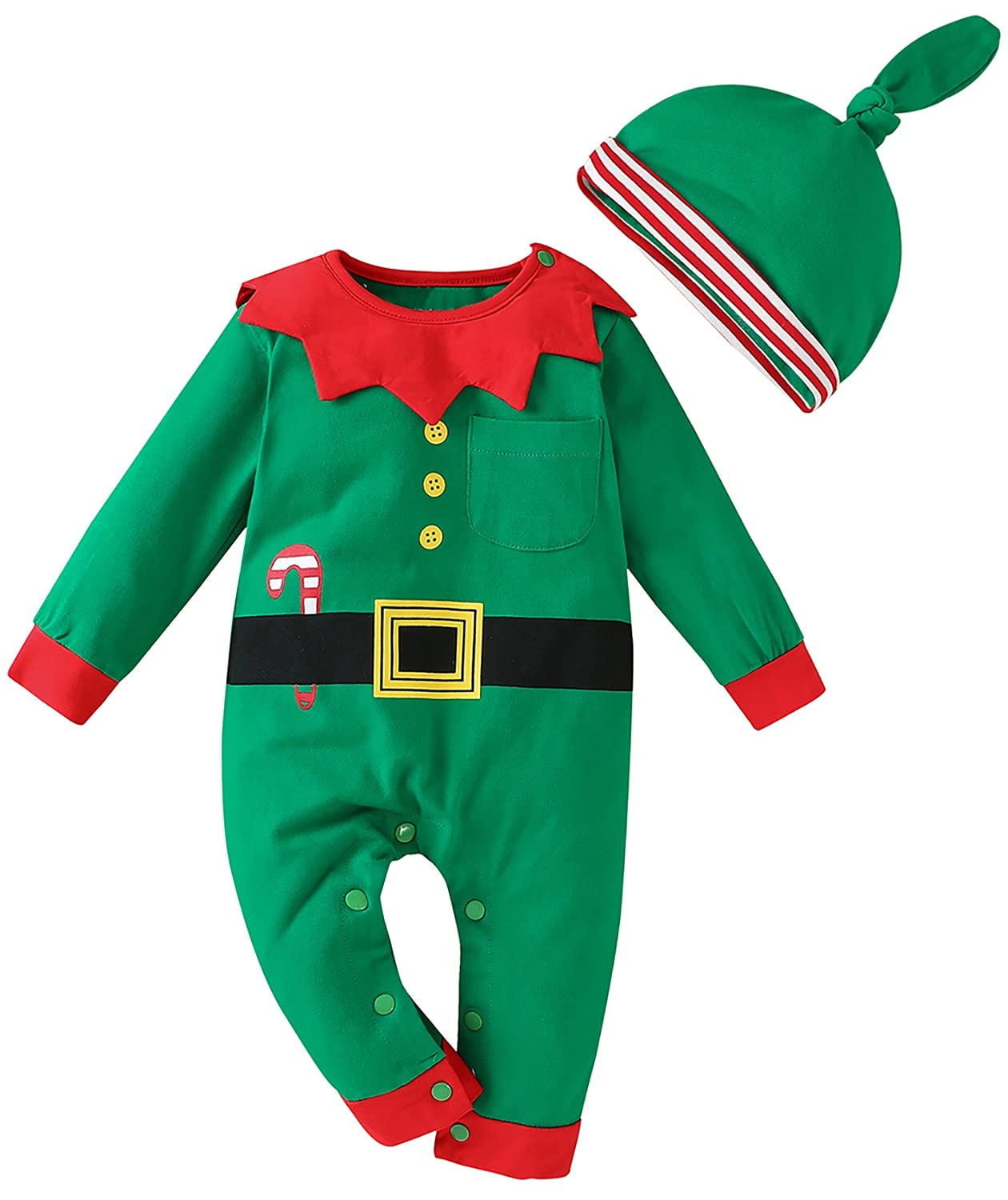 ROYLAMP Newborn Baby My First Christmas Outfits Boys Girls Striped Button Romper with hat