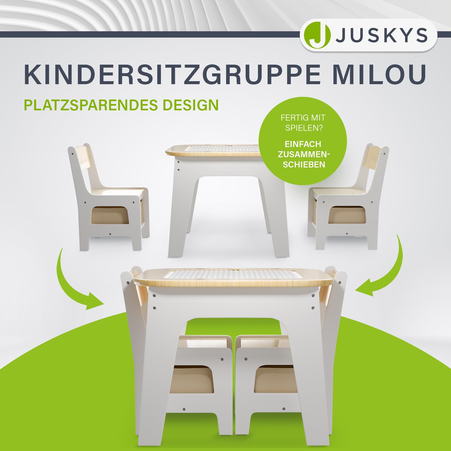 Juskys Kindersitzgruppe Milou - Set mit 2 Stühlen & 1 Tisch - Kindertisch Holz - Spieltisch mit Stauraum - Sitzgruppe für Kinder, Maltisch - Natur
