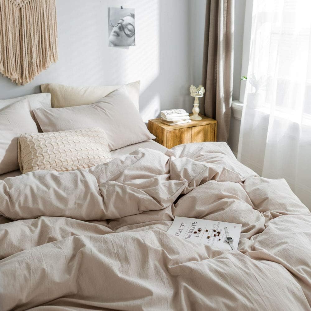 Beige Duvet Cover King, 100% Natural 3 Pieces Washed Cotton Beige Bedding Set, Solid Color Casual Style Duvet Cover, with Zipper Closure Ties, Ultra Soft Comfy Natural Wrinkled (Beige, King) Beige King