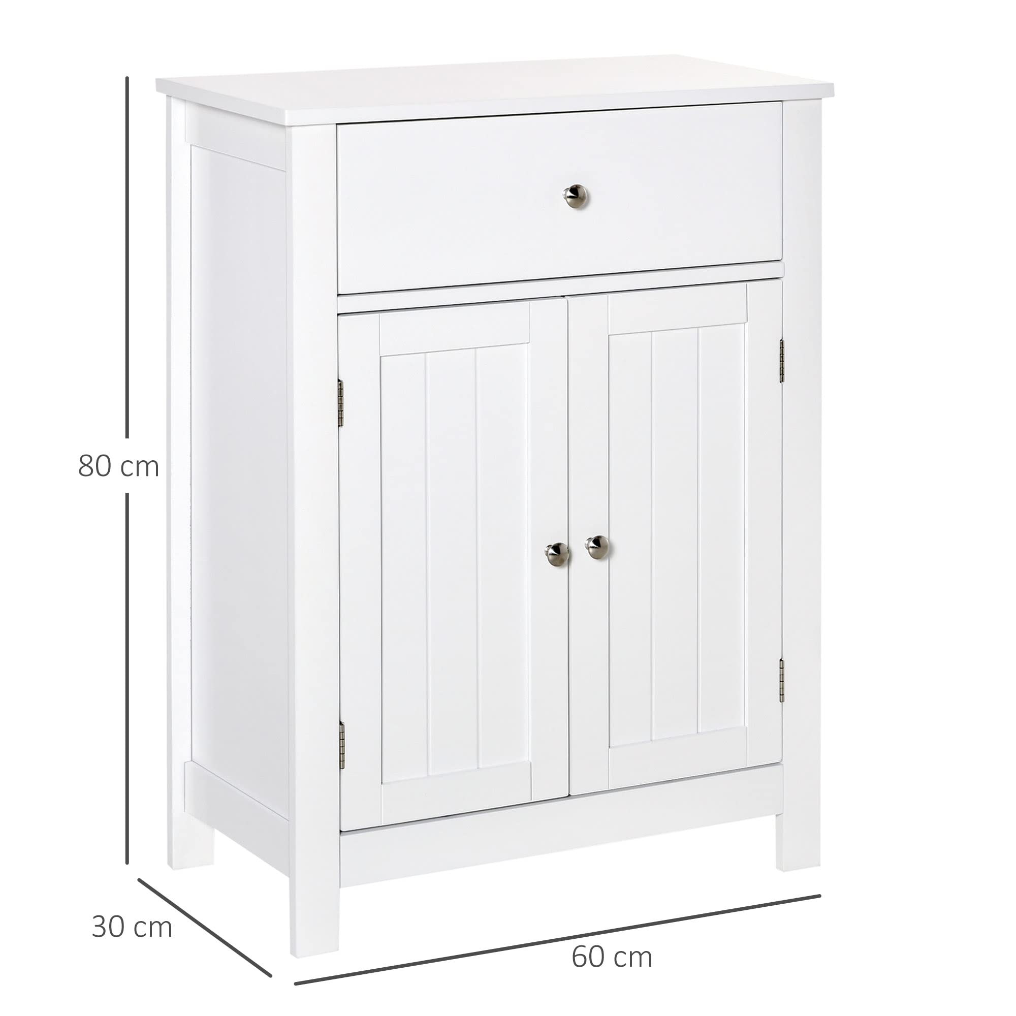 kleankin Armario de Baño de Almacenaje Multifuncional Mueble Auxiliar con 2 Puertas 1 Cajón y Estante Interior Ajustable Antivuelco para Cocina Salón 60x30x80 cm Blanco